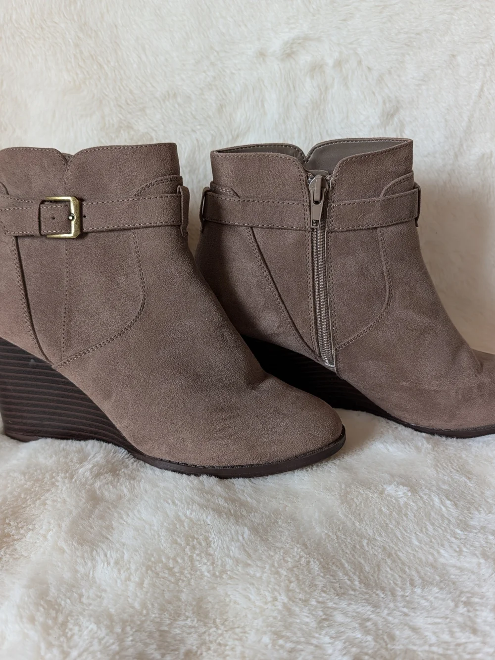 Market & Spruce Taupe Suede Wedge Ankle Booties with Buckle Detail